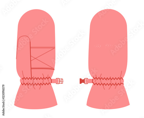 Snowboarding Gloves Mittens pink cartoon Fashion hand accessory clothing technical illustration garment. Vector front palm back view for Men, women, unisex style flat template CAD on white background