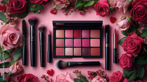 beautiful makeup palette surrounded by pink and red roses, showcasing various cosmetics like lipsticks, brushes, and mascara, perfect for romantic occasion