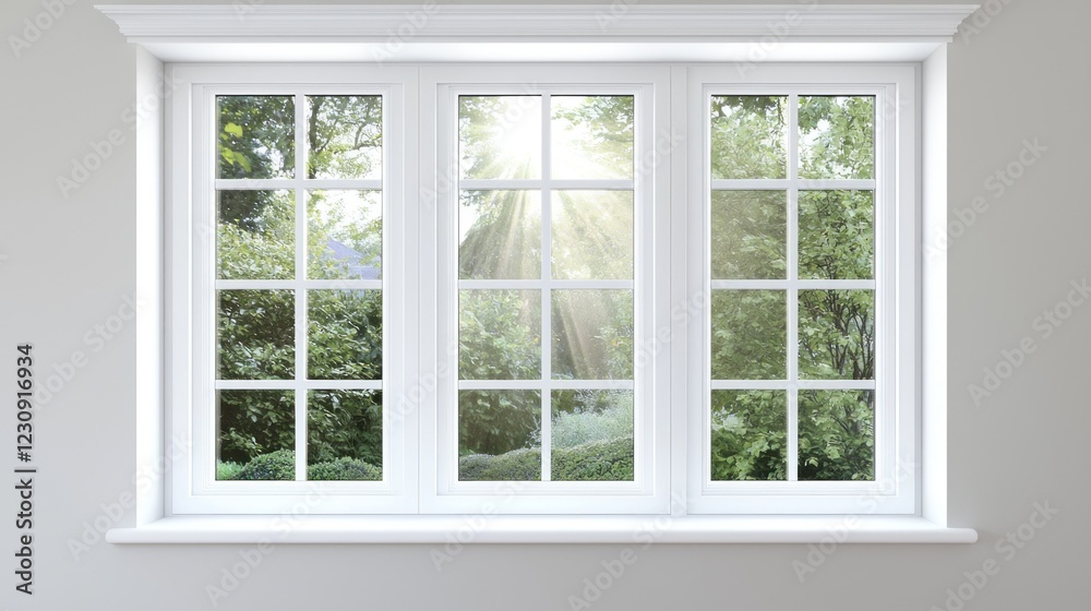 White Window Frame with Green Trees and Sunlight White Window Frame with Green Trees and Sunlight