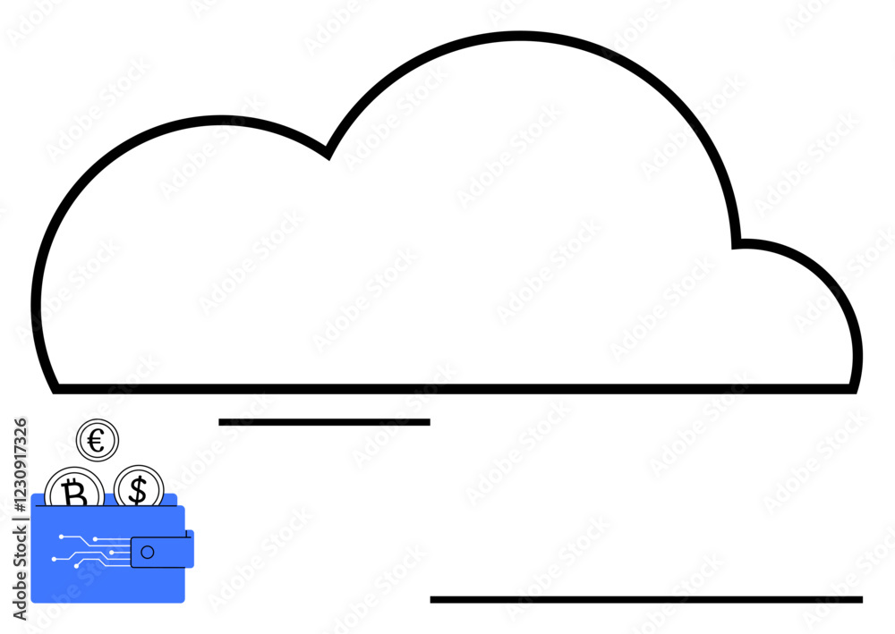 Cloud outline with a blue digital wallet containing cryptocurrency coins. Ideal for fintech, online banking, cryptocurrency storage, payment systems, cloud computing, e-commerce, financial