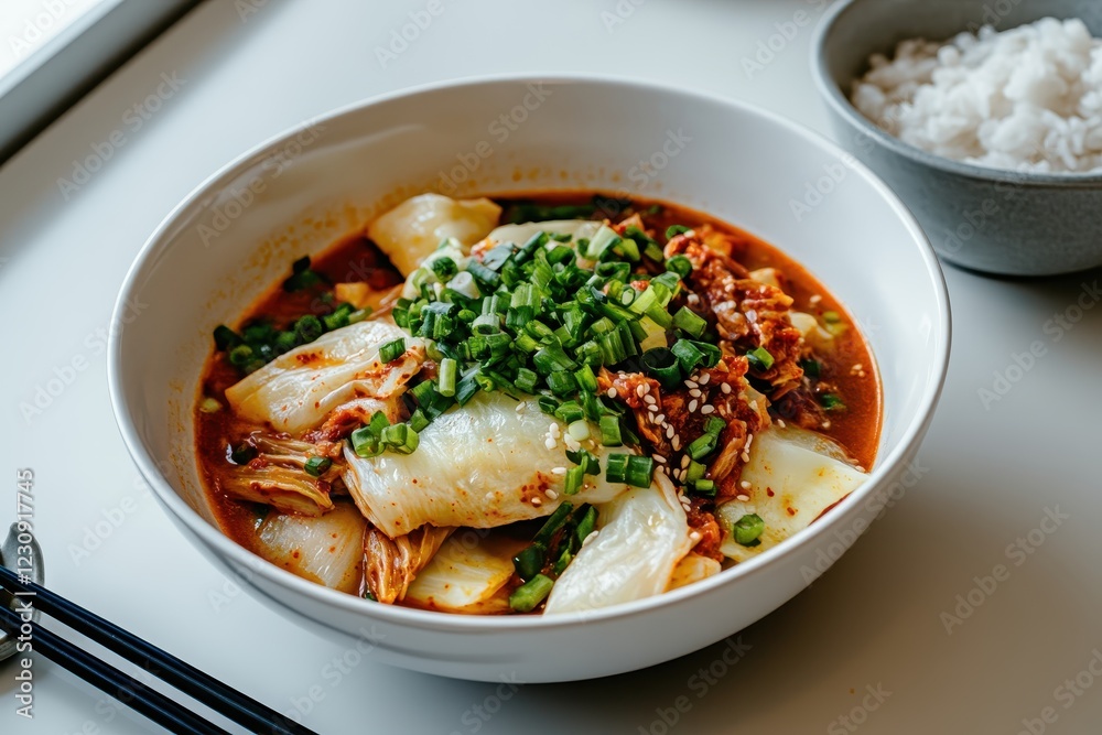 Delicious Spicy Kimchi Stew with Fresh Green Onions and Side of White Rice in Modern Bowl Delicious Spicy Kimchi Stew with Fresh Green Onions and Side of White Rice in Modern Bowl
