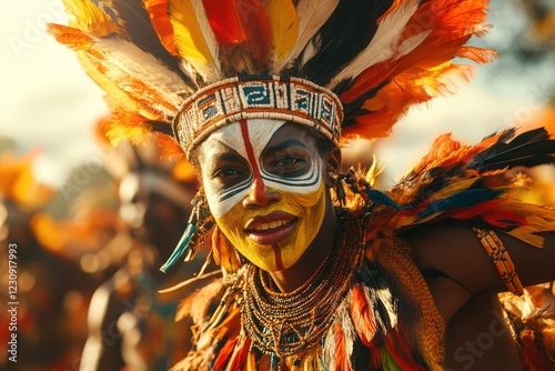 Papua New Guinea dancer smiling, festival, sunset