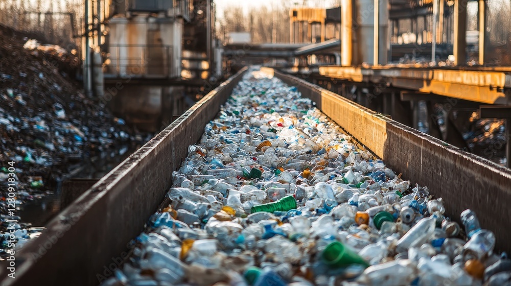 Waste Plastic Bottles on Conveyor Belts at Recycling Facility Landscape Waste Plastic Bottles on Conveyor Belts at Recycling Facility Landscape