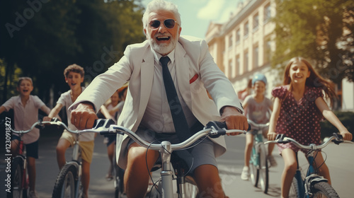 Stylish positive teacher on a bicycle with a group of students riding around the city	
