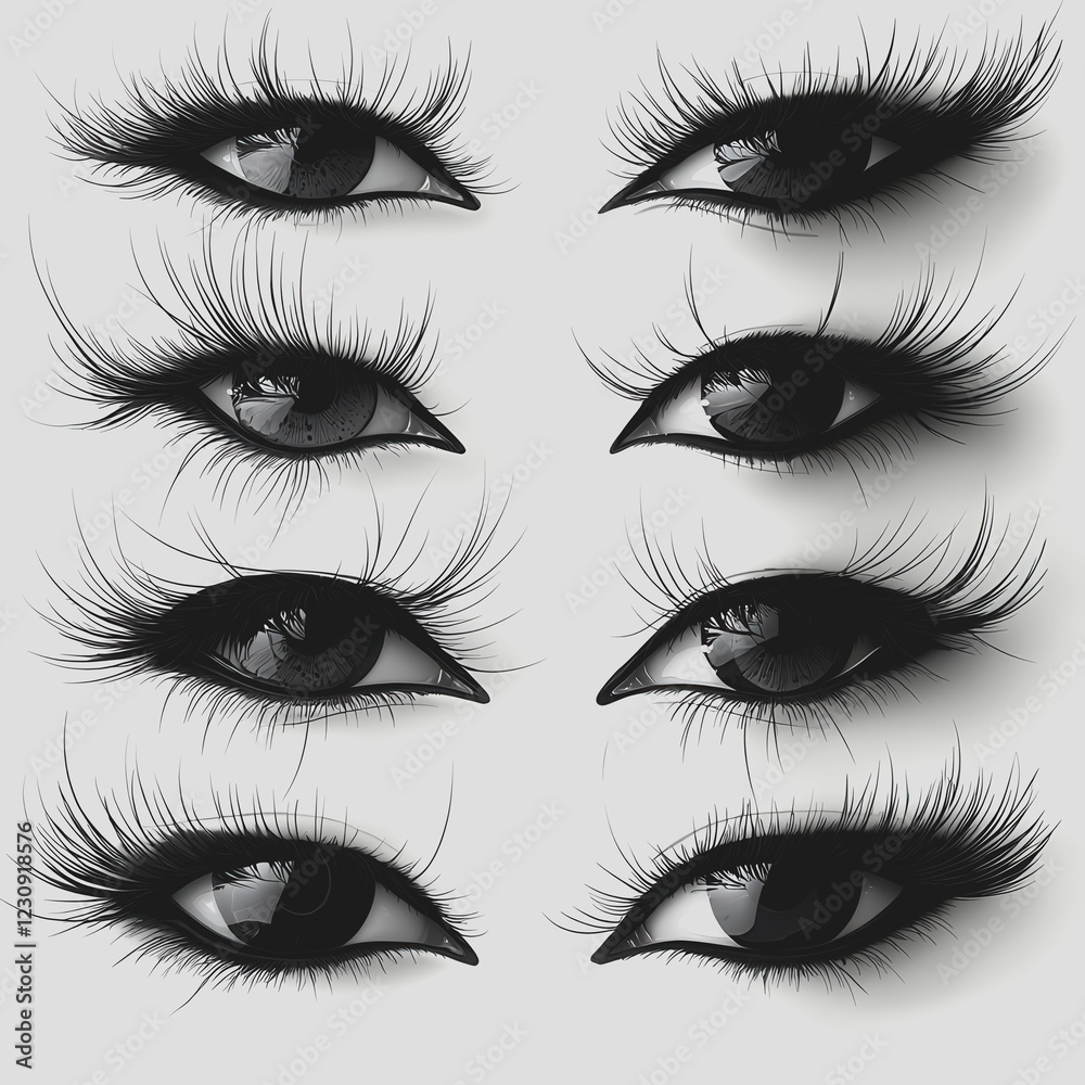 Realistic vector illustration of a pair of eyes featuring long eyelashes with detailed design and shading on a plain background Realistic vector illustration of a pair of eyes featuring long eyelashes with detailed design and shading on a plain background