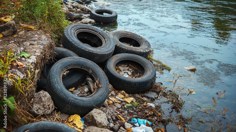 Littered River Bank with Old Tires and Debris Alongside a Flowing Stream Littered River Bank with Old Tires and Debris Alongside a Flowing Stream