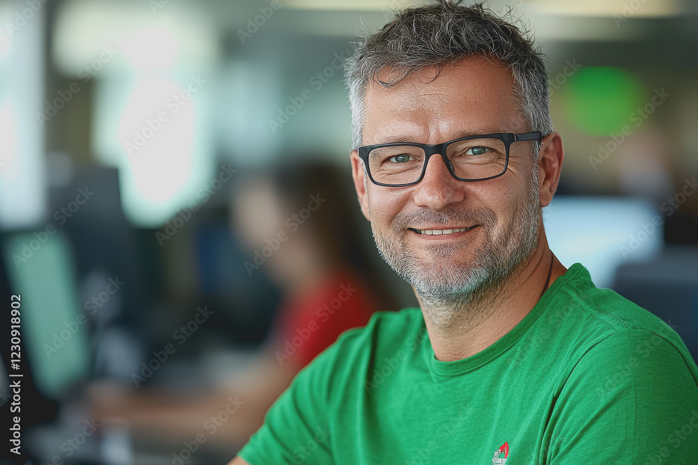 Fototapeta premium Man wearing glasses with a green shirt standing outdoors in a casual pose during daylight with trees in the background