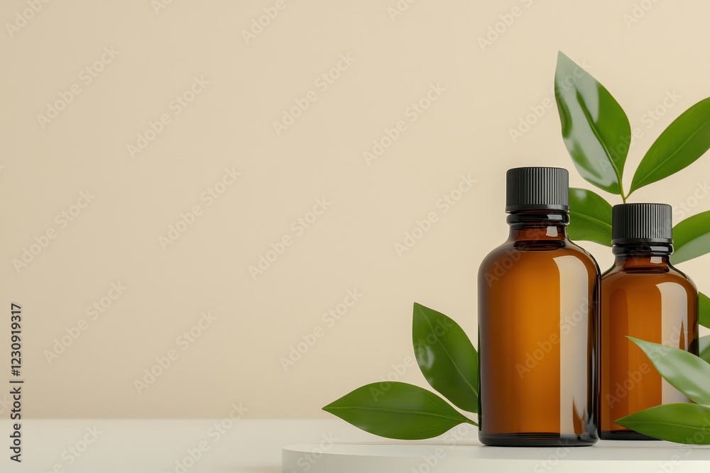 Amber Glass Bottles with Leaves on Minimalistic Background Amber Glass Bottles with Leaves on Minimalistic Background