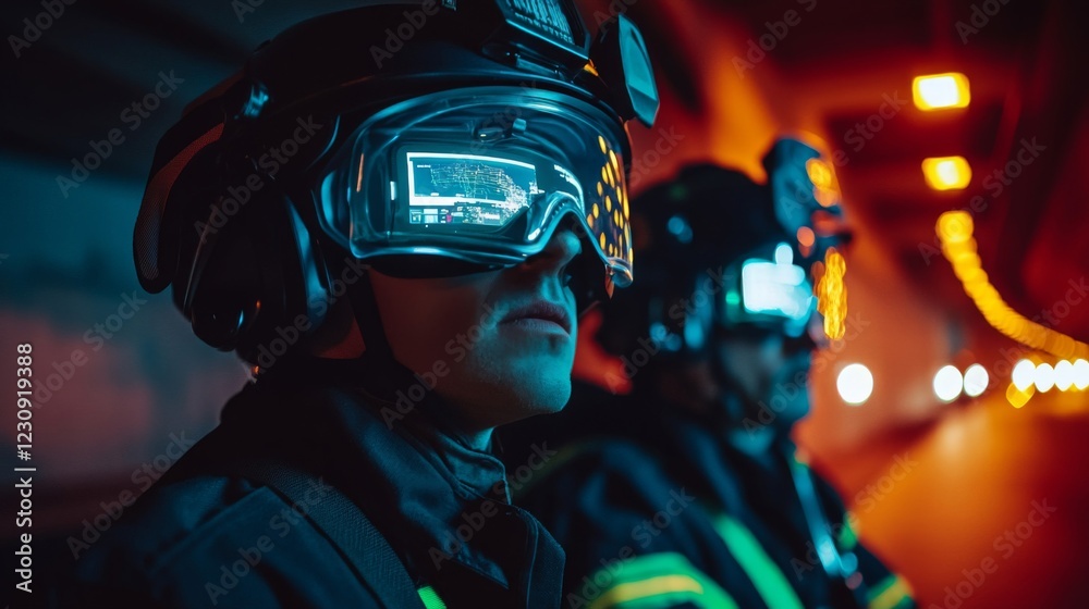 First Responders in Tunnel with Futuristic Headgear and Display First Responders in Tunnel with Futuristic Headgear and Display