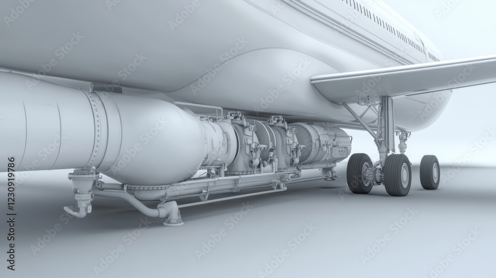 Detailed view of aircraft engine and landing gear showcasing engineering design and mechanics Detailed view of aircraft engine and landing gear showcasing engineering design and mechanics