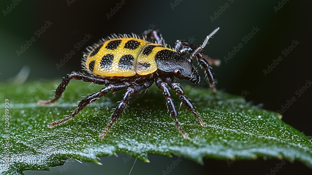 Fototapeta premium Yellow Black Spotted Insect On Green Leaf
