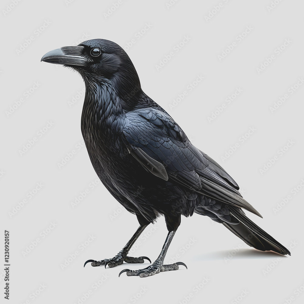 Black bird perched on a white surface with a neutral background in a simple and minimalistic setting Black bird perched on a white surface with a neutral background in a simple and minimalistic setting