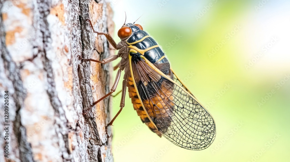 Close-Up of a Brown Black and Yellow Cicada on Tree Bark Close-Up of a Brown Black and Yellow Cicada on Tree Bark