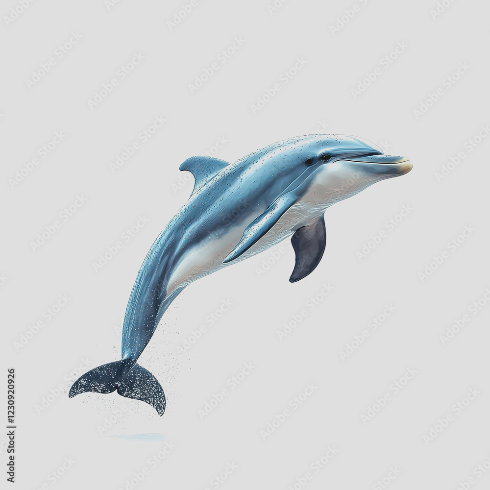 Fototapeta premium Dolphin leaping out of water against a clear blue sky creating a splash with its body in mid-air during a sunny day capturing the essence of marine wildlife and nature