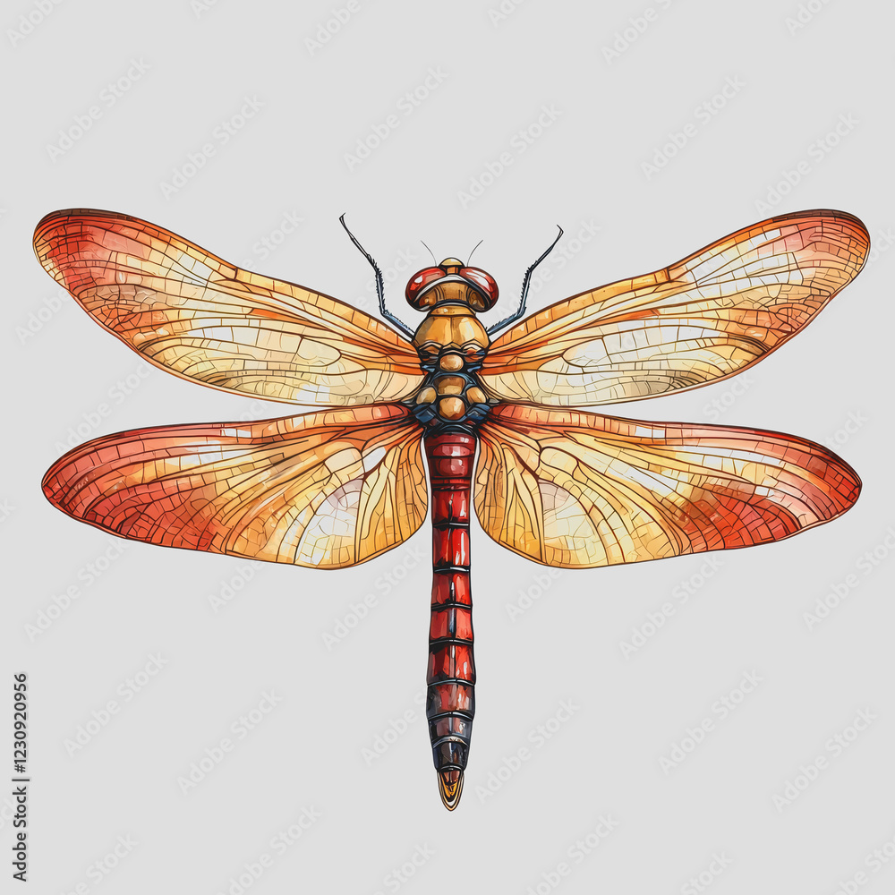 Obraz premium Close-up view of a dragonfly with vibrant orange wings and a striking red body perched on a green leaf in a natural outdoor setting
