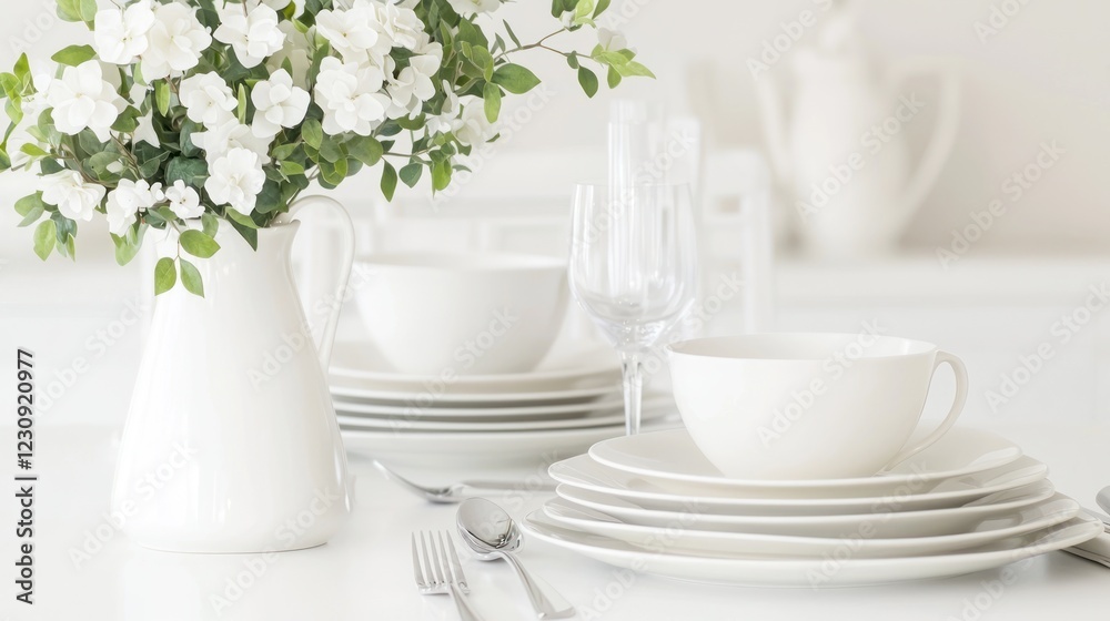 White Table Setting with Floral Arrangement White Table Setting with Floral Arrangement