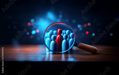 A magnifying glass focuses on a single red figure standing out amongst a group of blue figures. photo