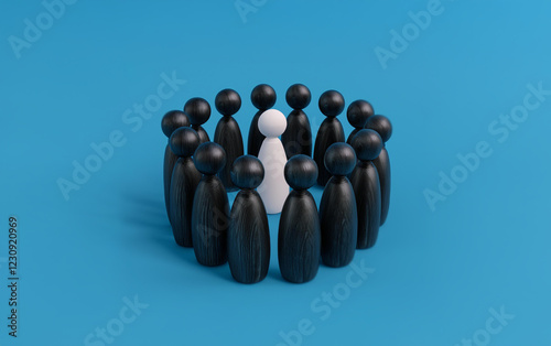 A single white figure stands out amongst a circle of black figures on a blue background. photo