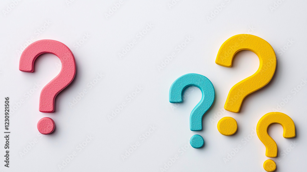Colorful question marks in pink, teal, and yellow on a clean white background, suggesting inquiry Colorful question marks in pink, teal, and yellow on a clean white background, suggesting inquiry