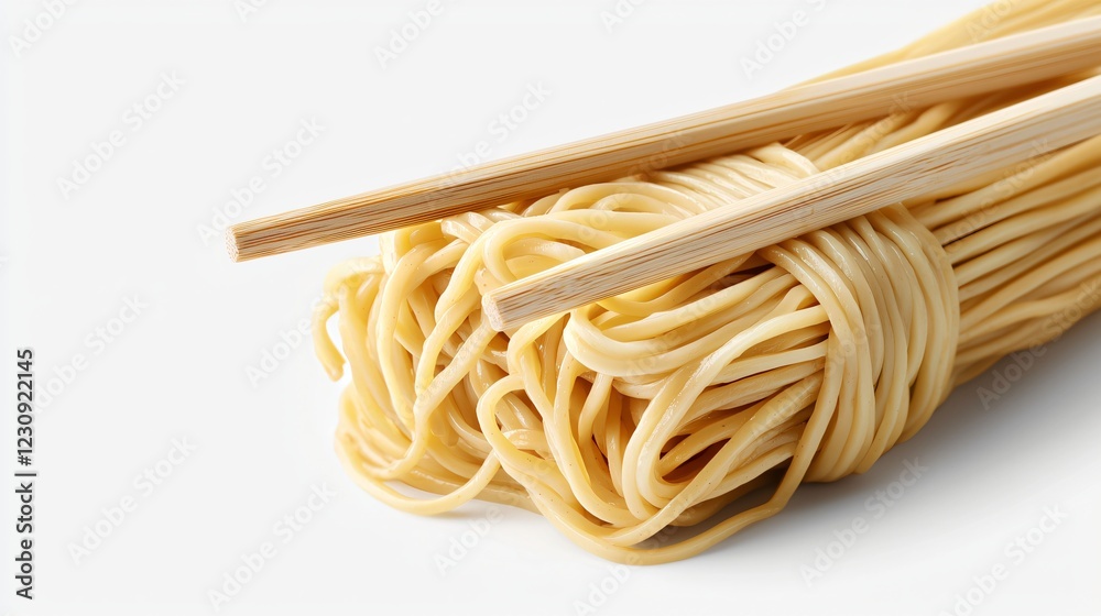 Stacked Egg Noodles With Light Wooden Chopsticks On Top Against A Light Solid Background. Stacked Egg Noodles With Light Wooden Chopsticks On Top Against A Light Solid Background.