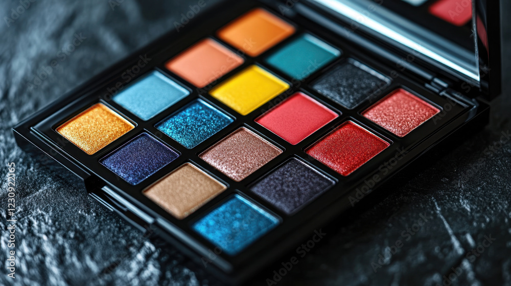 Create vibrant makeup palette featuring variety of colors including blue, red, orange, and yellow. shimmering shades are perfect for creative looks and enhancing beauty