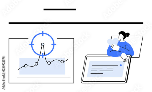 Graph with focus target and woman holding heart icon over tablet. Ideal for data analysis, teamwork, user engagement, technology, digital trends, communication, abstract line flat metaphor