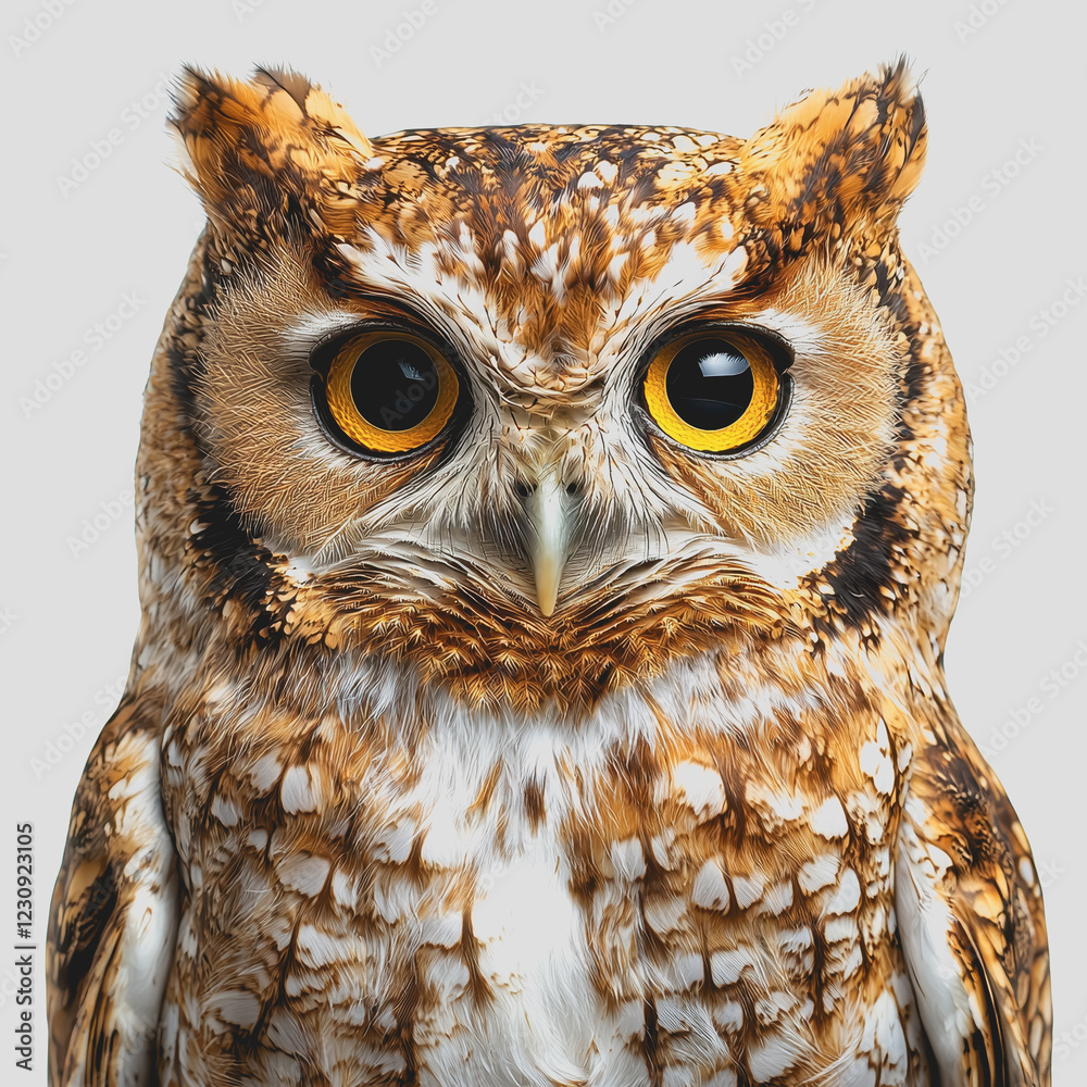 Obraz premium Close up image of a brown and white owl with detailed feathers and expressive eyes perched on a branch in natural habitat