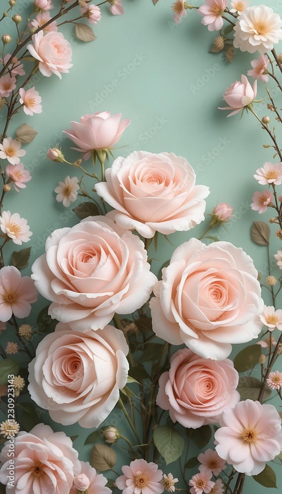 Fototapeta premium Delicate Pink Roses and Blossoms Arranged Elegantly