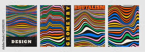 Vector illustration. Set of wavy line patterns with dynamic waves. Minimal design for poster, book cover, magazine, report, flyer, layout. Liquid distortion hypnotic concept. Retro style background