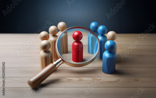 A magnifying glass focuses on a single red figure amongst a group of blue and tan figures, highlighting its importance.