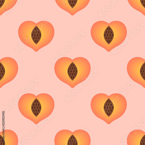 Cute seamless pattern with heart shaped peaches on a pastel pink background. Bright peach halves vector pattern for Valentine's day. Can be used as a Valentine card, wrapping paper, textile, wallpaper