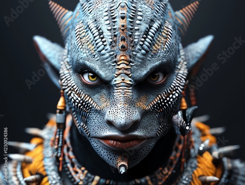 Tribal shark warrior wearing intricate shell armor, underwater tribal kingdom, 3D illustration photo