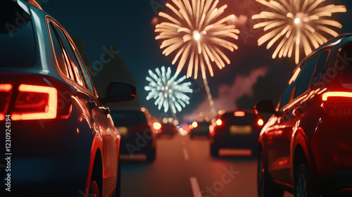 A nighttime scene of cars parked on a road, with vibrant fireworks illuminating the sky in a festive atmosphere.