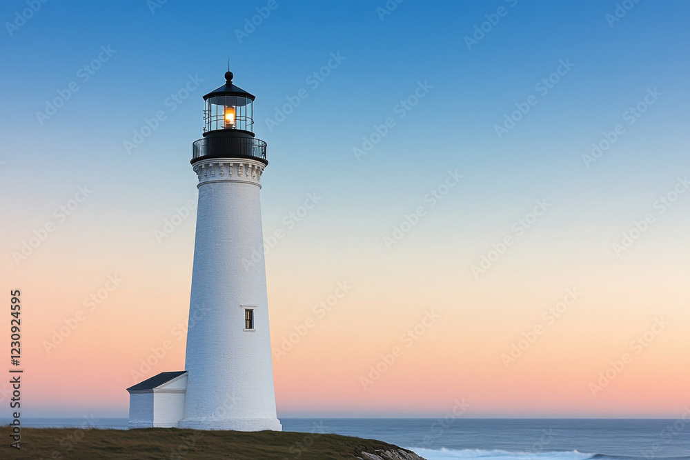 A lighthouse is standing on a rocky shoreline, with the ocean in the background A lighthouse is standing on a rocky shoreline, with the ocean in the background