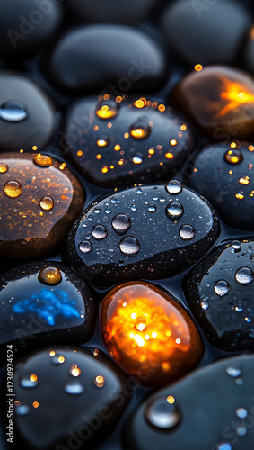 Serene Dark Stones, Water Droplets, Golden Light Reflections