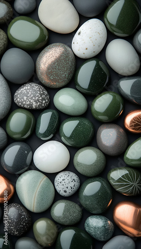 Elegant Polished Stones Green, Gray, White, Copper Pebbles