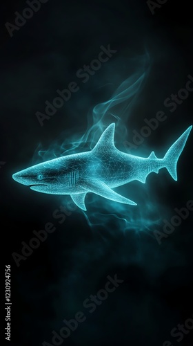 Alien shark with luminescent markings, exploring a cosmic ocean, 3D illustration photo