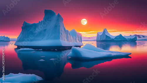 Arctic Icebergs Sunset Vibrant Colors, Dramatic Sky, Glacial Beauty