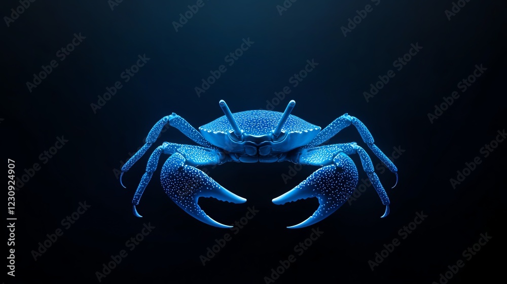 Fototapeta premium Bioluminescent crab glowing in the deep sea, mysterious blue light, 3D illustration