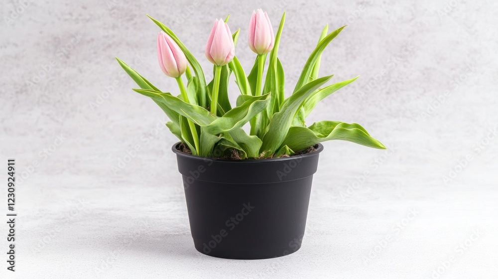 Pink Tulips in Black Pot on Grey Background Pink Tulips in Black Pot on Grey Background