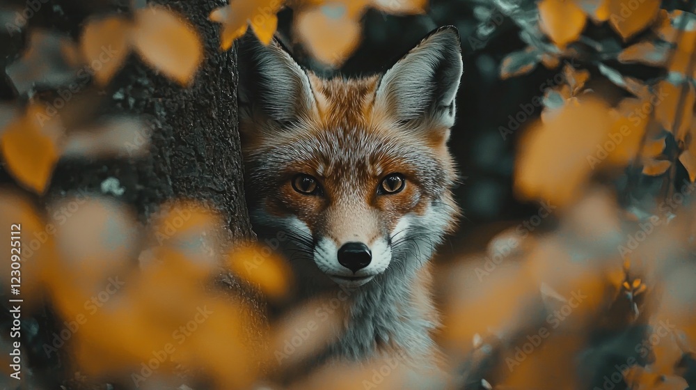 Fototapeta premium Captivating Wild Fox Peering Through Autumn Leaves in Forest