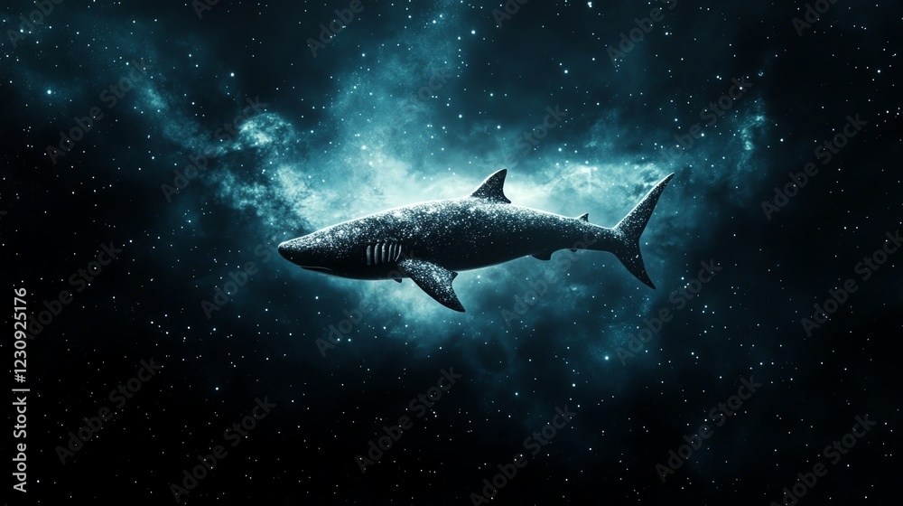 Fototapeta premium Cosmic shark floating in space, surrounded by nebula and stars, 3D illustration