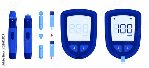 Set of blue glucose monitoring kit with glucometer, lancing device, lancet, test strip, blood drop. Diabetes, sugar level, medical device concept. Flat illustration isolated on white background	