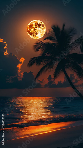 Tropical Sunset Beach Scene with Huge Orange Blood Moon