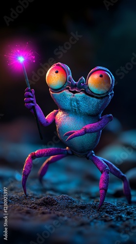 Crab holding a magic wand, casting glowing sea spells, whimsical fantasy, 3D illustration photo