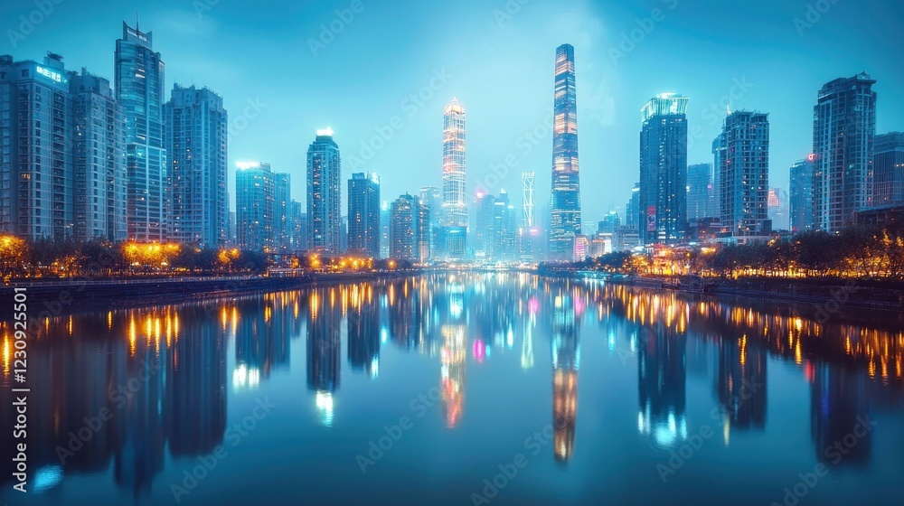 Naklejka premium Vibrant Cityscape Reflection at Dusk with Skyscrapers and Lights