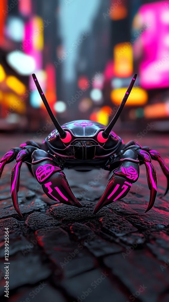 Cyberpunk crab with neon tattoos, futuristic cityscape, 3D illustration