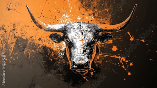 Majestic Bull Illustration with Orange Paint Splatter Effect on Grunge Background
