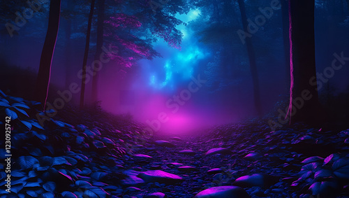 Enchanted Forest Night Purple Sky, Glowing Stream, Mystical Path