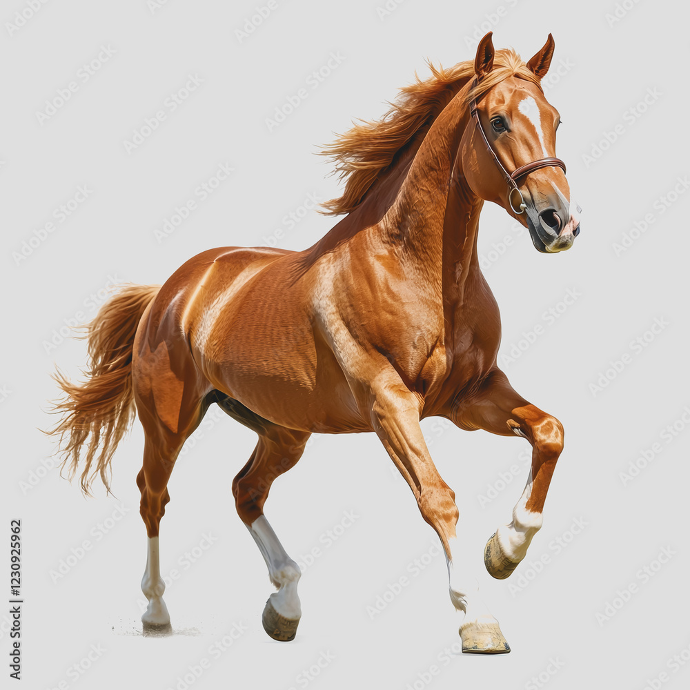 Obraz premium Horse running in mid-air against a blue sky with clouds showcasing the grace and power of equine movement in a dynamic and energetic pose